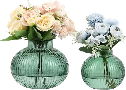 Green Glass Vases for Tulips, Set of 2, Flower Vases for Bouquet, Ribbed Glass Vase for Flowers, Short Vase for Living Room, Office, Coffee Table, Shelf, Wedding