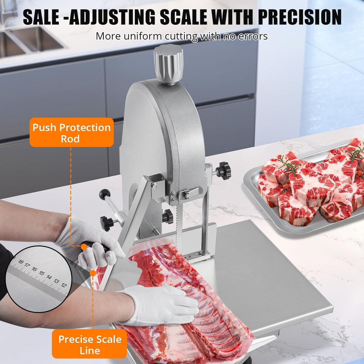 1100W Commercial Electric Bone Saw Machine, Frozen Meat & Bone Cutter with 5 Saw Blades, Adjustable 0.16-7.09 Inch Thickness, 19.3"x15" Stainless Work Table for Butcher Shops, Restaurants, Supermarket