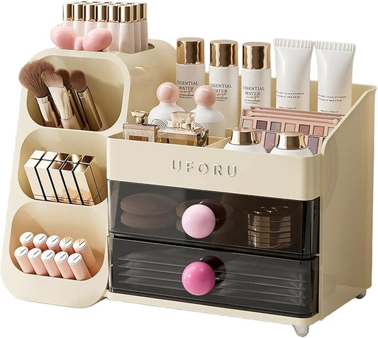 UFORU Makeup Organizer for Vanity with Brush Holder, Large Capacity Bathroom Countertop Skincare Organizer with 2 Drawers, Cosmetic Display Case for Perfumes, Eyeshadow Palettes, Nail Polishes