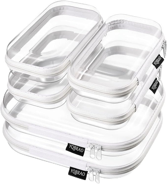 YQBRAO 6 Pack Clear Hard Shell Beauty Organizer (2M+4S), 1.2mm Crush-Proof Cosmetic Case, Reinforced YKK Zippers, Stadium Approved Security Bag for Skincare, Toiletries & Electronics, Multi-Size Set