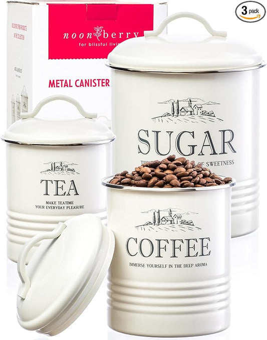 noonberry Kitchen Canisters for Countertop - 3-Piece Airtight Kitchen Canister Set - Sugar Coffee Tea Containers for Kitchen Counter - Cream-White Magnolia Finish