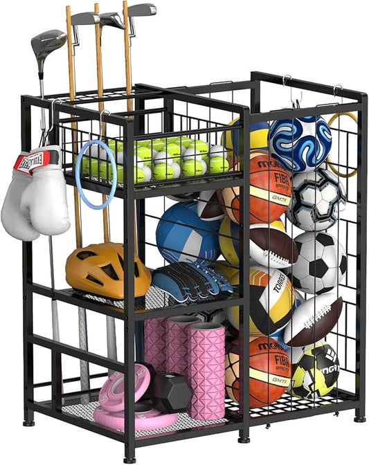 HEOMU Sports Equipment Organizer with Elastic Cords and 4 Hooks, Metal Garage Ball Organizer for Indoor Outdoor, Ball Storage Rack with Basket for Sports Gear and Toys, Black