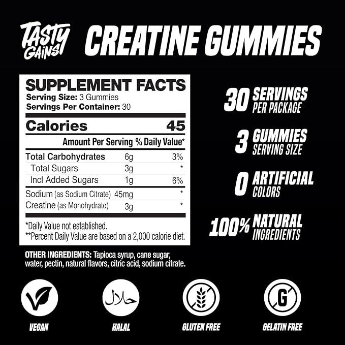 Creatine Gummies - 90g of Creatine Monohydrate - Workout Supplements - Build Muscle & Boost Strength for Men & Women - Made in USA - Non GMO - Vegan Friendly (Large, Blue Raspberry)