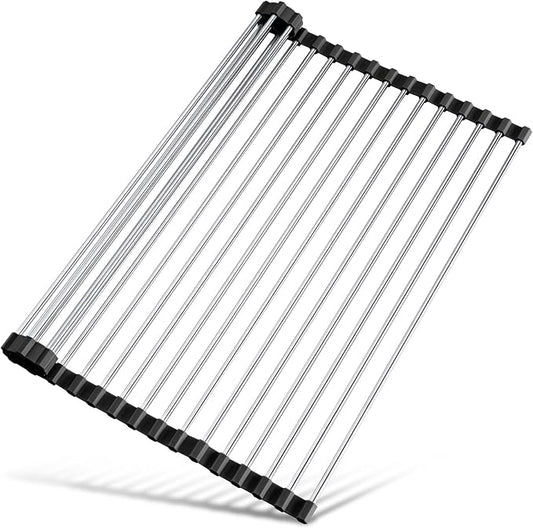 Tomorotec 17.7" x 12.5" Roll Up Dish Drying Rack Over Sink Drying Rack Sink Cover Kitchen Sink Accessories Gadget Multipurpose Organizer Foldable Stainless Steel Drainer