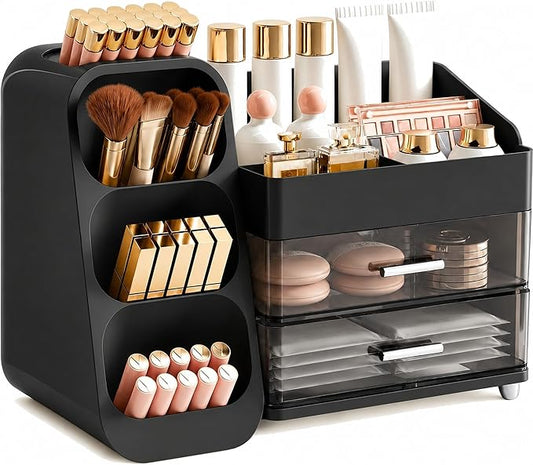Makeup Organizer with Drawers,Large Capacity Countertop Organizer for Vanity,Bathroom and Bedroom Desk Cosmetics Organizer,Easy To Storage Skincare,Brushes,Lotions,Lipstick (Black)