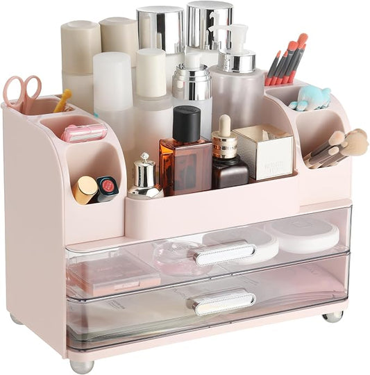 Large Makeup Organizer Countertop with Drawers, Make Up Organizer for Vanity, Makeup Storage Organizer Countertop Makeup Organizers for Skincare, Pink