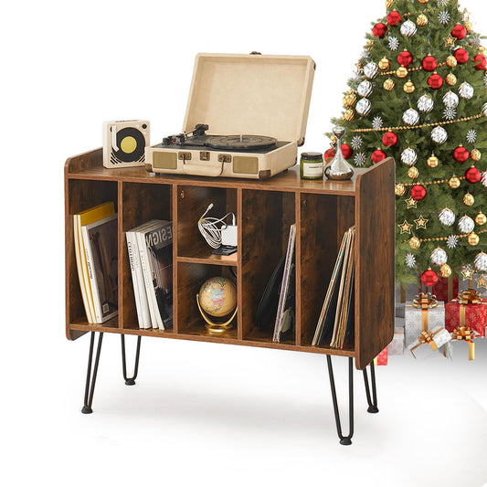 BMWEI Record Player Stand with Display Area, Wooden Turntable with Storage, Holds Up to 300 Albums (Brown)