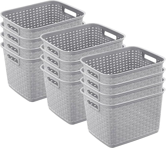Sterilite 12-Pack Tall Weave Basket, Wicker-Style Plastic Open Storage Bin, Cement Gray - Multi-Purpose Decorative Organizer for Laundry Area, Shelves, Closets, Pantries, Living Rooms or Offices