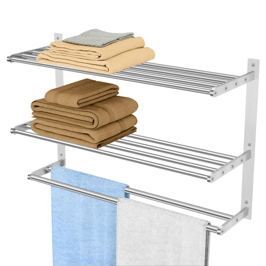 Towel Racks for Bathroom Wall 24 Inch, 3 Tier Bathroom Towel Shelf with Double Towel Bar, Stainless Steel Towel Rack with Towel Shelf, Towel Hanger Holder for Bathroom Towel Storage, Brushed Nickel