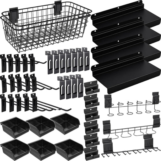 BeapTcely 40-Piece Slatwall Organizer Kit - Includes Hooks, Shelves, Baskets, Bins, Screwdriver Holder for Garage & Room Storage