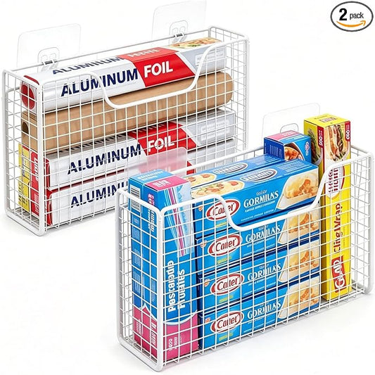 2 Pack Aluminum Foil Organizer, Foil and Plastic Wrap Organizer, Pantry Kitchen Cabinet Door Organizers, Self Adhesive Wall Mounted Storage Hanging Basket for Ziplock Bag, No-Drill, Mesh Metal, White