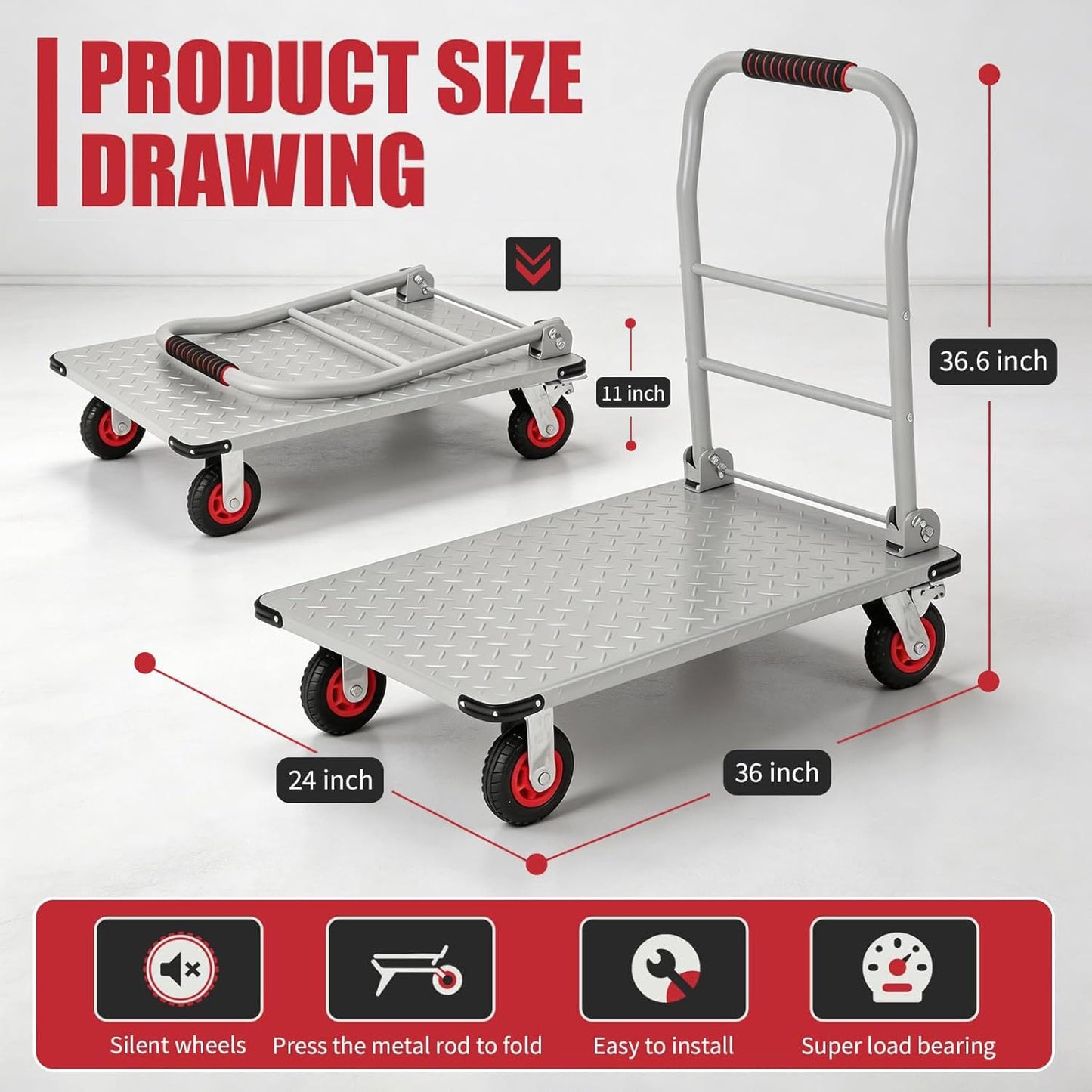 Heavy Duty Platform Truck Cart, 36"X24" Flatbed Cart Folding Hand Trucks, 2000Lbs, 6" Swivel Brake Casters, Foldable Folding Dolly for Warehouse Garage Moving