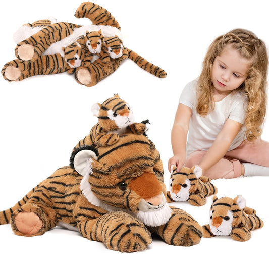 MaoGoLan 20" Tiger Stuffed Animals Set - Giant Stuffed Mommy Tiger with 3 Babies Plush Toy Birthday Gift for Kids Boys Girls - 4PCs Large Wild Zoo Stuffed Animal Plush Toy Christmas Baby Shower Decor