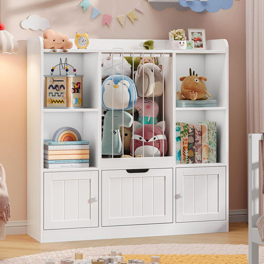 Vabches Toy Storage Organizer, Toddler Stuffed Animal Zoo with Drawer and Doors, Multi-Functional Kids Bookshelf Floor Storage Chest with 4 Storage Cubbies for Playroom, Kids Room, White