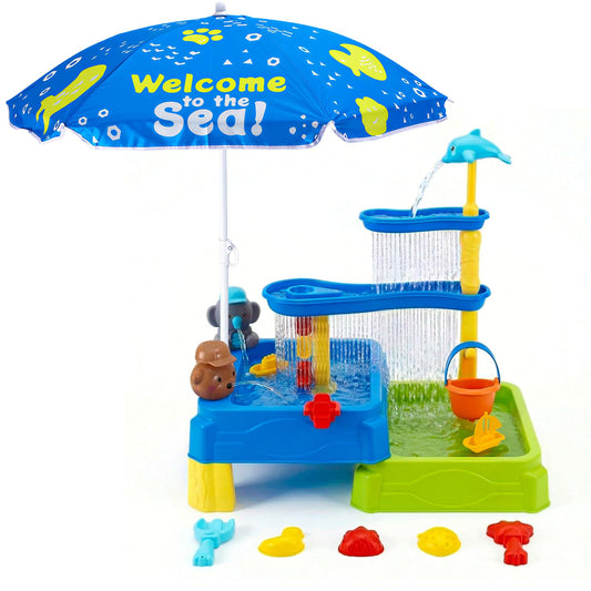 MUGEYMYD Water Table for Toddlers 3-5, Rain Showers Splash Pond Sensory Sand Playset with Umbrella, 16 PCS Accessories, Outdoor Summer Toy for Boys and Girls.
