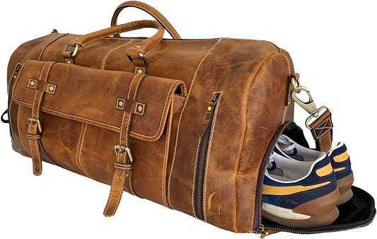 KomalC 24 Inch Leather Duffel Bags for Men and Women Full Grain Leather Travel Overnight Weekend Leather Bags Sports Gym Duffle for Men (Tan with Shoe pocket)