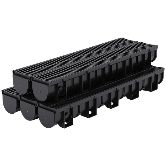 5 Pack 39.4" Trench Drain System,5.9x5.1 Inch HDPE Channel Drain with Plastic Grates & End Caps, for Garage, Garden, Patio & Driveway Drainage (Black)