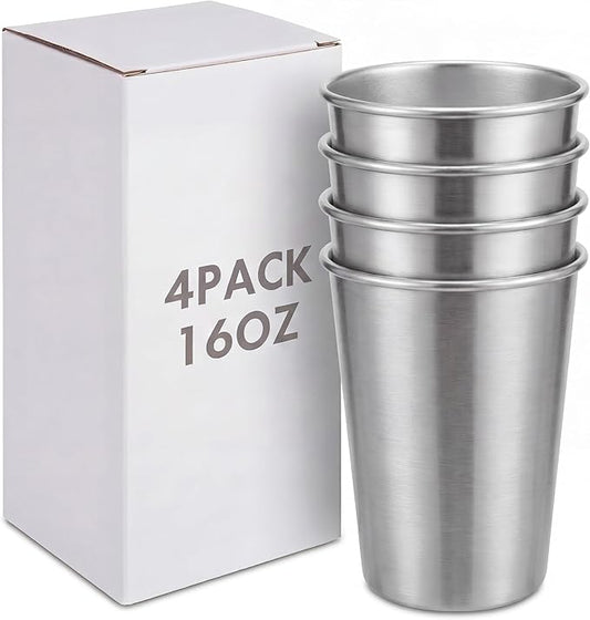 Mimorou 4 Pack 16 oz Stainless Steel Pint Cups Metal Cups Unbreakable Drinking Water Tumblers Stackable Tumbler for Adults Bar Home Restaurant Travel Picnic Camping Outdoor (Silver)