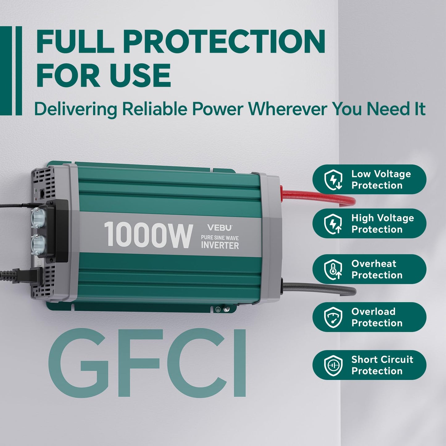 VEBU 1000W Pure Sine Wave Power Inverter with ATS Mode, 12V DC to AC 120V Converter for Off-Grid System, RV, Truck, Camping, Peak 2000W