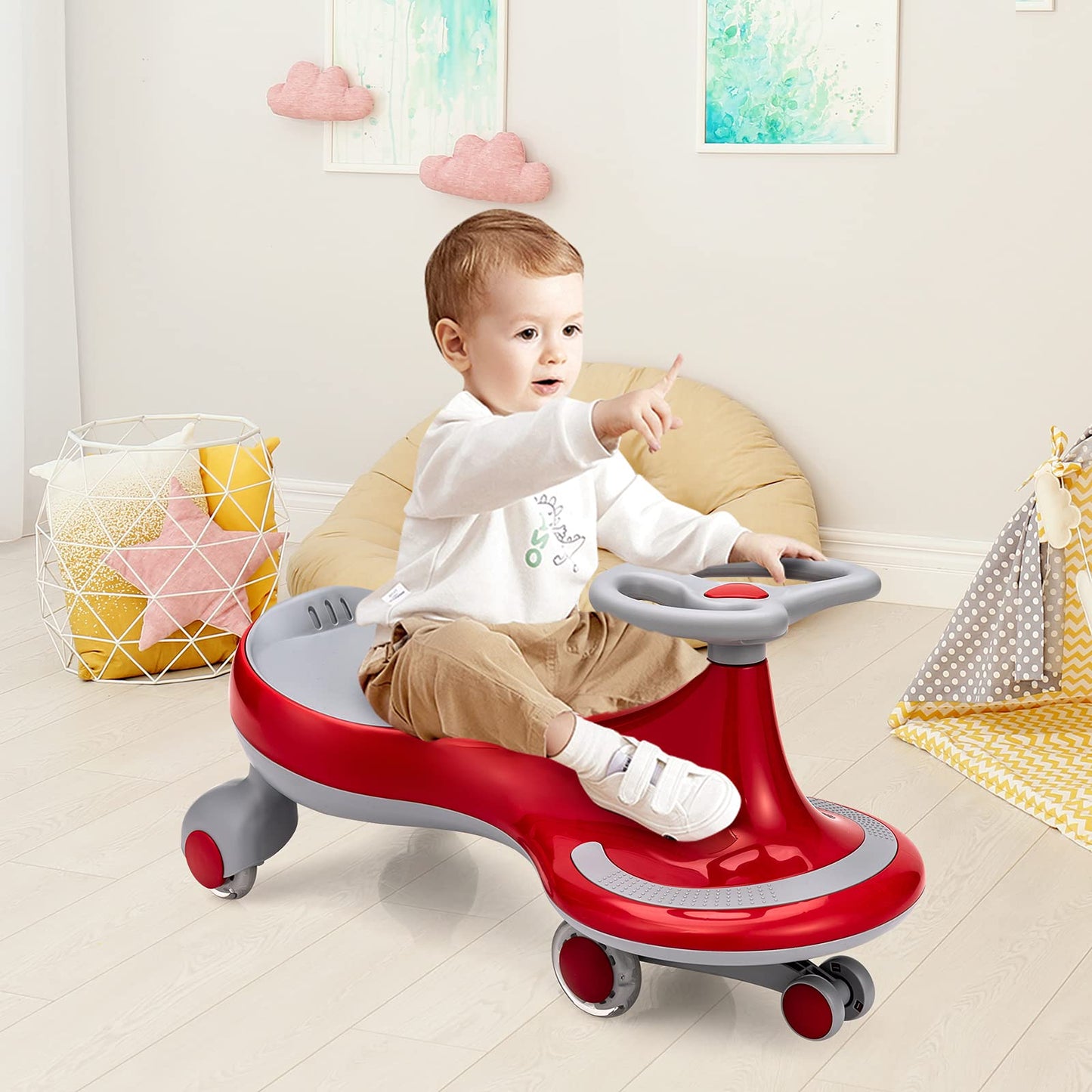 HONEY JOY Wiggle Car, 2 in 1 Swing Car for Kids, LED PU Flashing Wheels, No Batteries, Gears or Pedals, Uses Twist, Turn, Ride On Toy for Toddlers Boys Girls 3 Years and Up (Red)