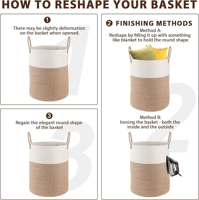 OIAHOMY Large Laundry Basket Hamper - 100L Cotton Rope Woven Basket for Blankets, Toys, Clothes - Tall Decorative Nursery Hamper with Long Handles, Grey/White