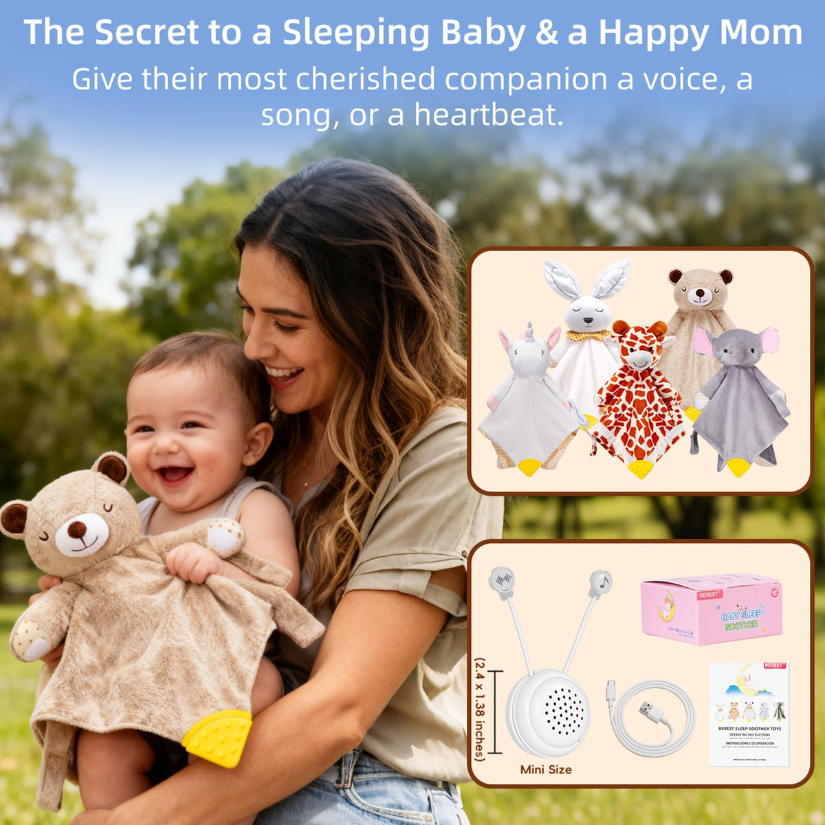 BEREST A10 Baby Lovey Music Box with 10 Soothing White Noise Sounds: Heartbeat, Lullabies, Shushing| Cry Sensor| Timer| Recording| Rechargeable Sleep Soother for Newborns| Plush Toy Insert| Baby Gift