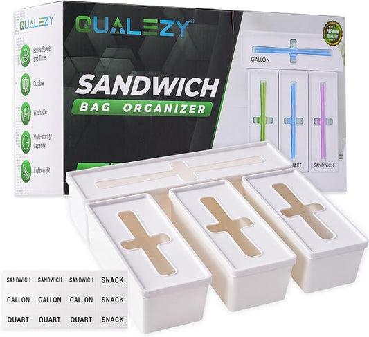 Storage Bag Organizer for Kitchen- Baggie Drawer Organizer & Plastic Food Storage Bags Holder- Compatible with Gallon, Quart, Sandwich, Snack Bags, Freezer, Slider Bags-4 Separate Pieces White
