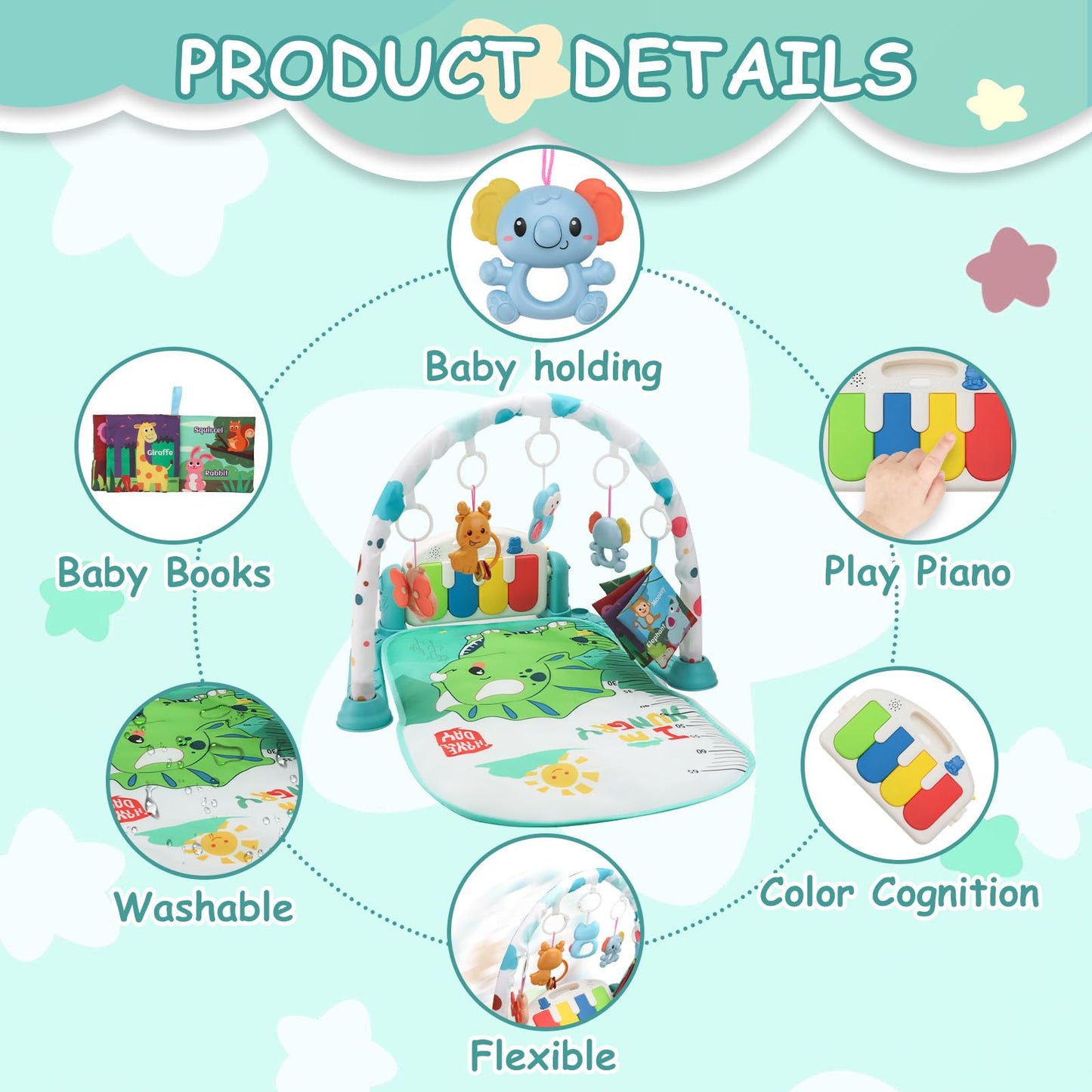 BOMPOW Baby Play Gym Mat, Play Activity Mat with Music and Lights, Piano Gym, Early Development Baby Gift for Babies Newborn Tummy Time Play Mat