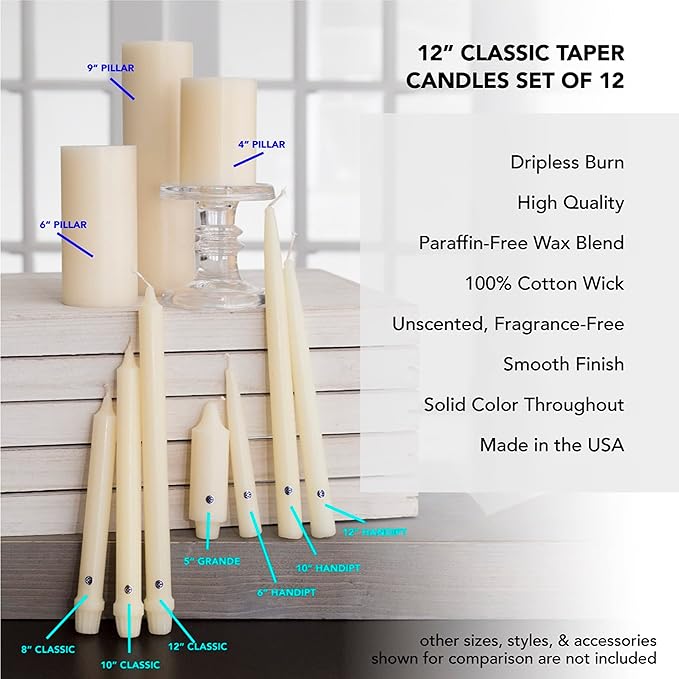 Colonial Candle Unscented Taper Candle, Classic Collection, Limoncello, 12 in, Pack of 12 - Up to 10 Hours Burn