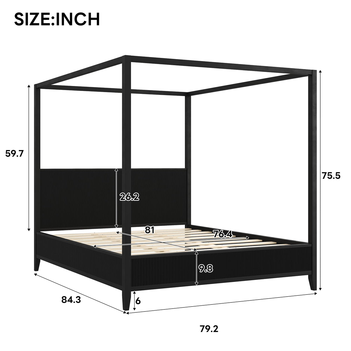 Merax Modern Luxury King Size Wooden Canopy Bed Frame with Headboard, Slats Support, Wood 4 Poster Bed Frame, No Box Spring Needed, Contemporary Bedroom Furniture, Black