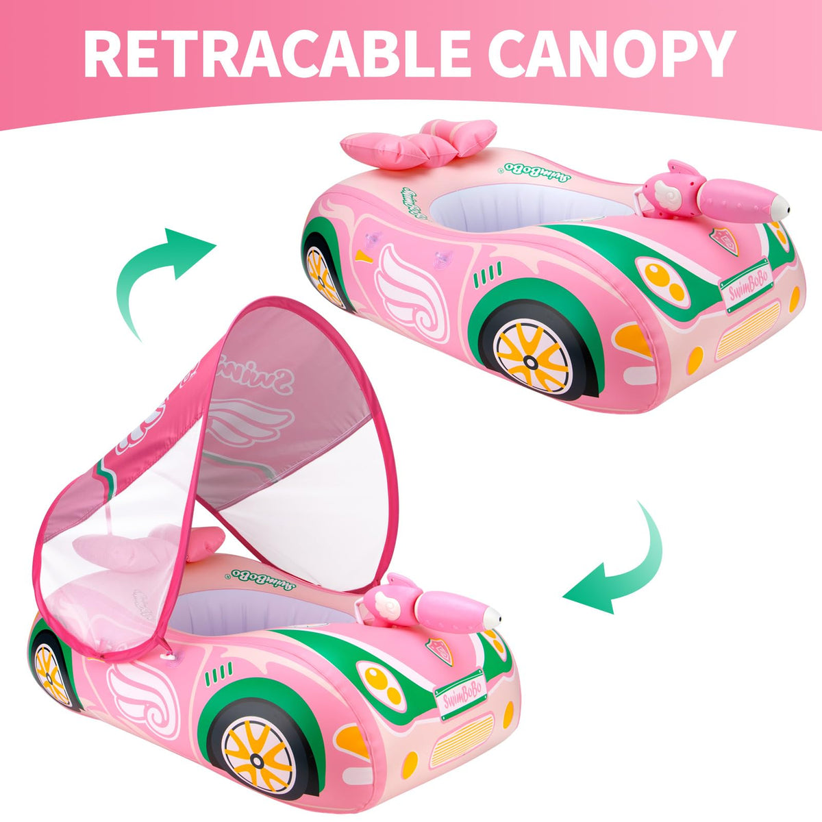 Swimbobo Toddler Pool Float Inflatable Car Baby Swim Float with Adjustable Sun Canopy and Safety Seat Pool Toys for Kids 3+ Years Old(Pink Green Car)