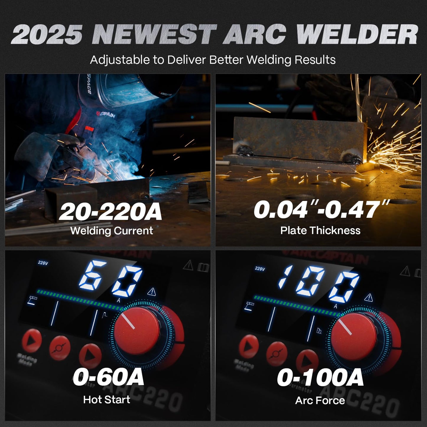 ARCCAPTAIN 220Amp 10PCS Rods Stick Welder, [Large LED Display] ARC/Lift TIG Welding Machine with Synergic Control, IGBT Inverter 110V/220V MMA Welder Machine with Hot Start, Arc force, and Anti-Stick