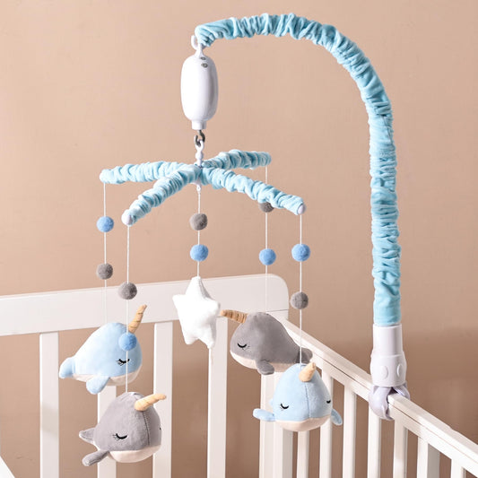 Crib Mobile for Boys and Girls, Whale Mobile Set with Mobile Arm and 12 Lullabies for Baby, Ocean Animal Nursery Decor, Bedside Bassinet Hanging Toys with Music (Narwhal)