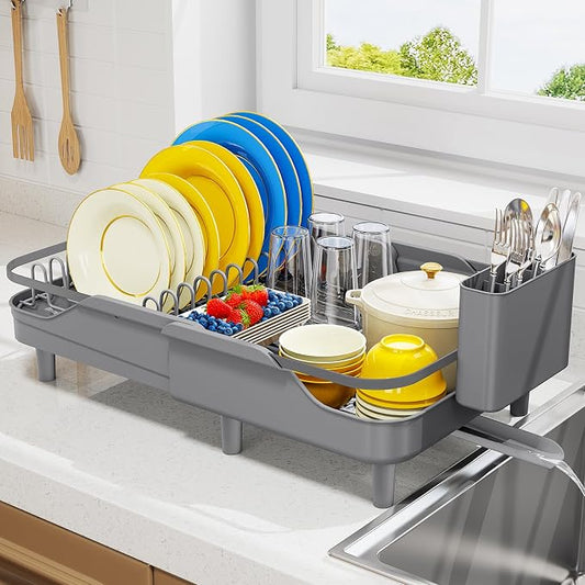 Urackify Expandable Dish Rack for Kitchen Counter,16.14"-23.62" Large Dish Drying Rack with Adjustable Water Spout, Space Saving Dish Drainer with Auto Draining Cutlery Holder, Matte Grey