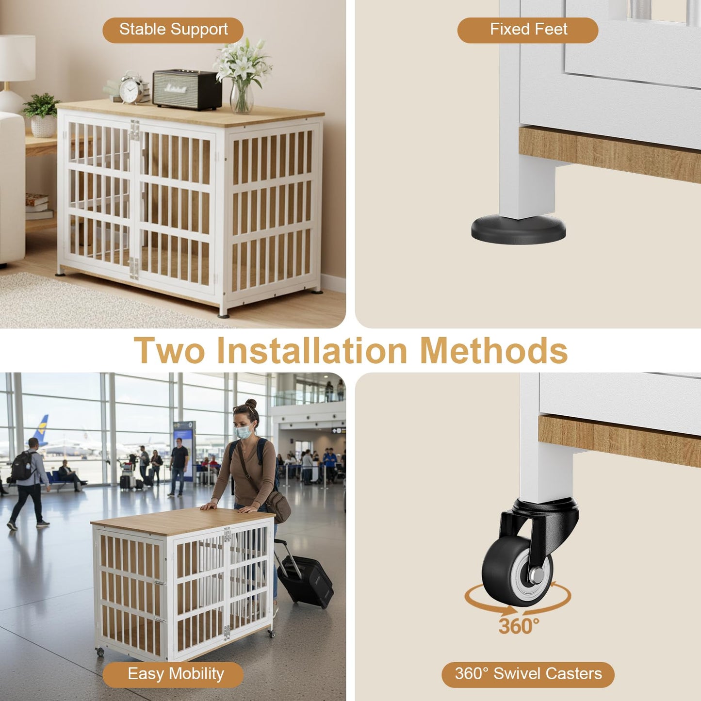 42" Furniture Style Large Dog Crate with Wheels, Metal Chew-Resistant Dog Kennel Indoor for Large & Medium Dogs, 41.9" W x 28.3" D x 31.7" H, Decorate House as TV Stand, End Table — Natural and White
