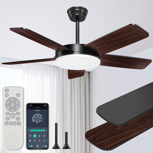 ropelux 45-Inch Ceiling Fans with Lights: Powerful Wind, Ultra-Quiet, High Bright&Screw-Free for Blade Installation, Dimmable, Forward&Reversible Fan with Remote APP Control for Bedroom/Living Room.