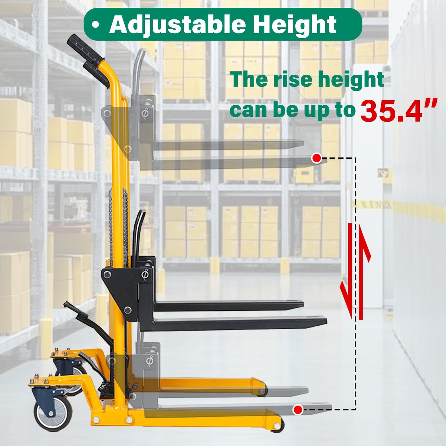 Foldable Hydraulic Material Lift Dolly, Pallet Stacker, 440lbs Capacity, Removable Steel Platform & Fork Arms, with Steer Caster, Winch Stacker (440 lb. Universal Wheel)