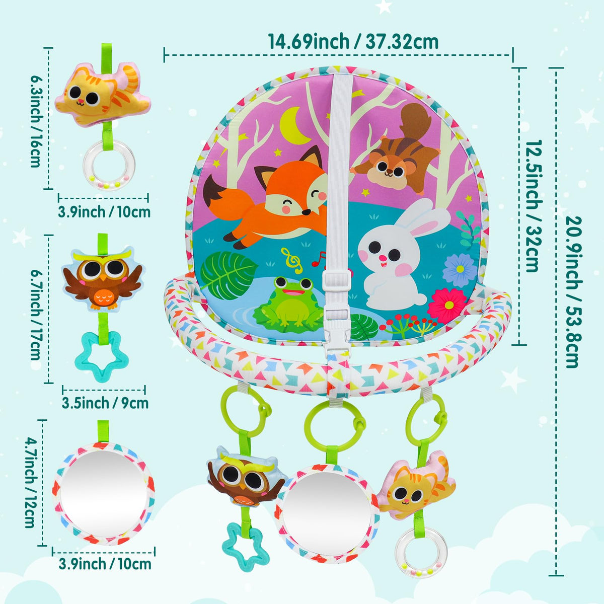 OKOOKO Car Seat Toy Rear Facing Car Seat Toy Baby Travel Toy Double-Sided with Baby Mirror Plush Toys Rattle Teether Thickened Pad Adjustable Sensory Toy for Newborn Infant