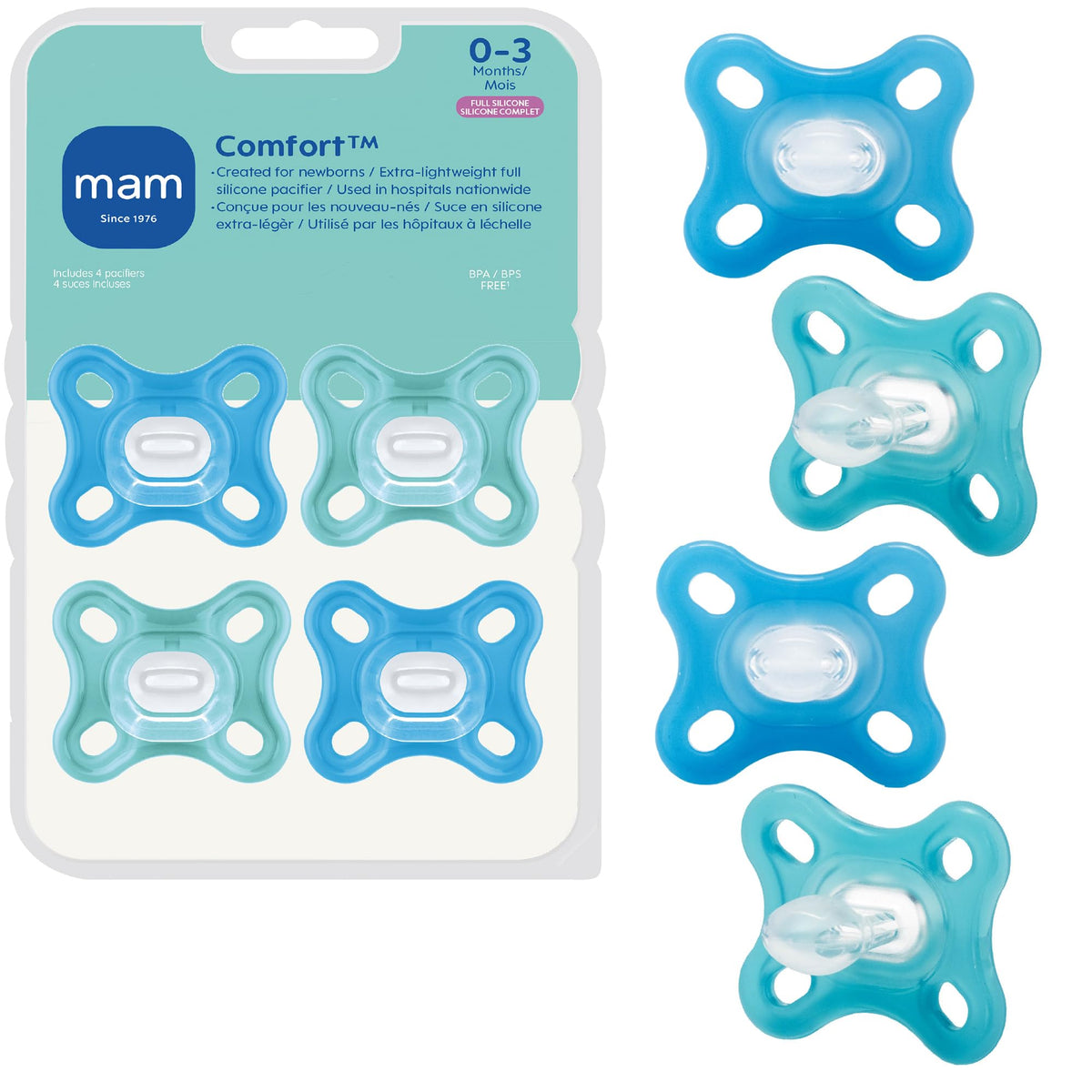MAM Comfort Baby Pacifier 0-3 Months, Specially for Smaller Newborn Mouths, Lightweight One-Piece BPA-Free Silicone,Easy to Clean, Best for Breastfed Babies, 4 Pk, Made in Europe
