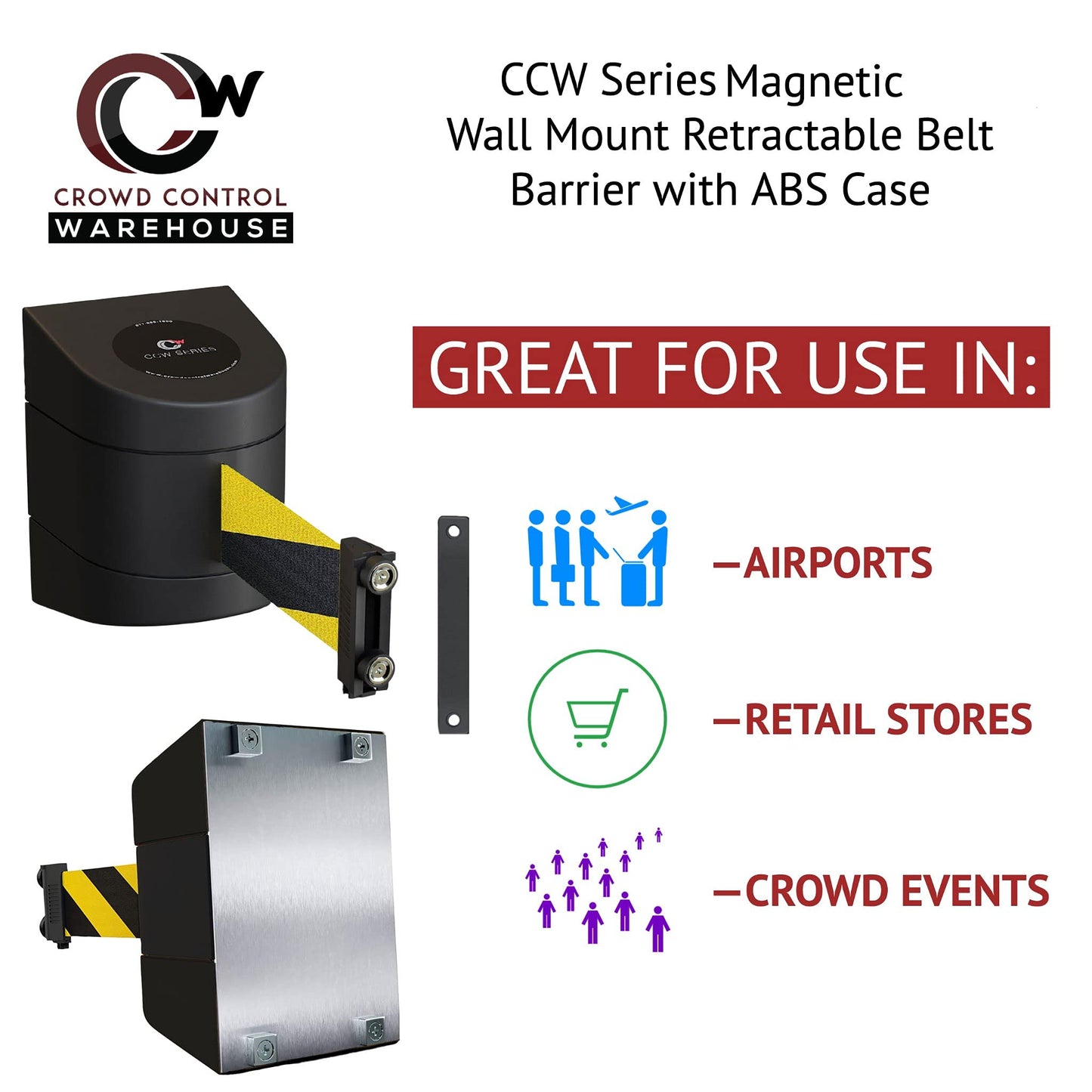 CCW Series WMB-230 Magnetic Wall Mount Retractable Belt Barrier (30 Foot Belt, Red with"Danger - Keep Out" White Letters Belt with Black ABS Case)