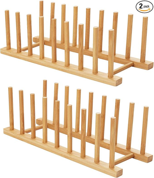 HBlife 2pcs Bamboo Dish Plate Bowl Cup Book Pot Lid Cutting Board Drying Rack Stand Drainer Storage Holder Organizer Kitchen Cabinet（Keep Dry）