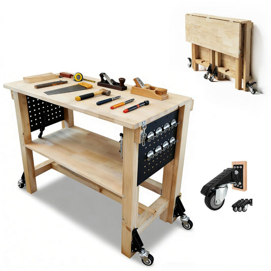48" Heavy Duty Foldable Workbench with Transformable Wheels and Tool Storage Shelf, Max Load 2500 LBS, Rubber Wood Work Bench for Garage, Woodworking Table with Pegboard