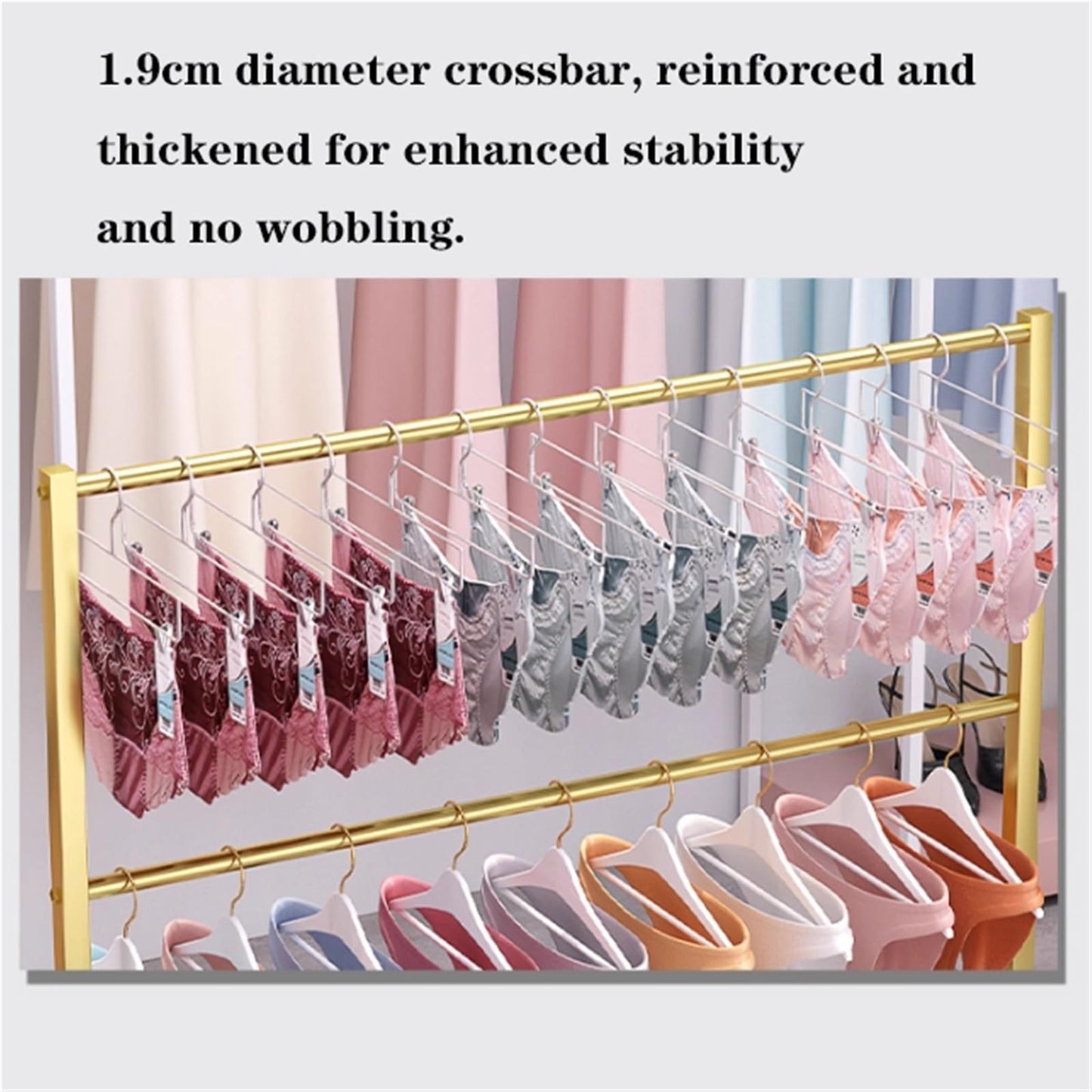 Lingerie Bra Rack with Wheels, Metal, 3 Tier Underwear Display Stand, Anti-Slip, Retail Showshelves, Commercial Clothing Store Shelf, for Shorts, Hats, Sock(Gold,80 * 40 * 130cm)