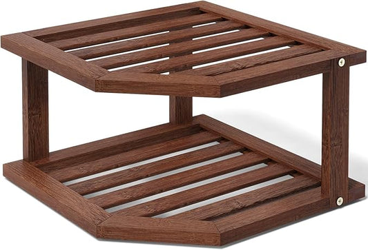 VERTORGAN Bamboo Corner Shelf,2 Tier Plate Organizer for Cabinet and Countertop,Pantry Dish and Spice Rack for Kitchen（Brown）