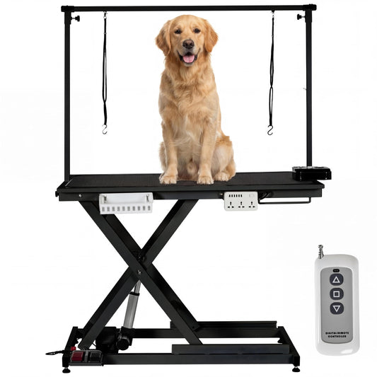 50 Inch Dog Grooming Table, Electric Hydraulic Pet Grooming Table, Dog Grooming Station with Aluminium Overhead Arm, Anti Slip Tabletop, 6 USB Ports, Height Adjustable, 300 LBS Capacity, Black