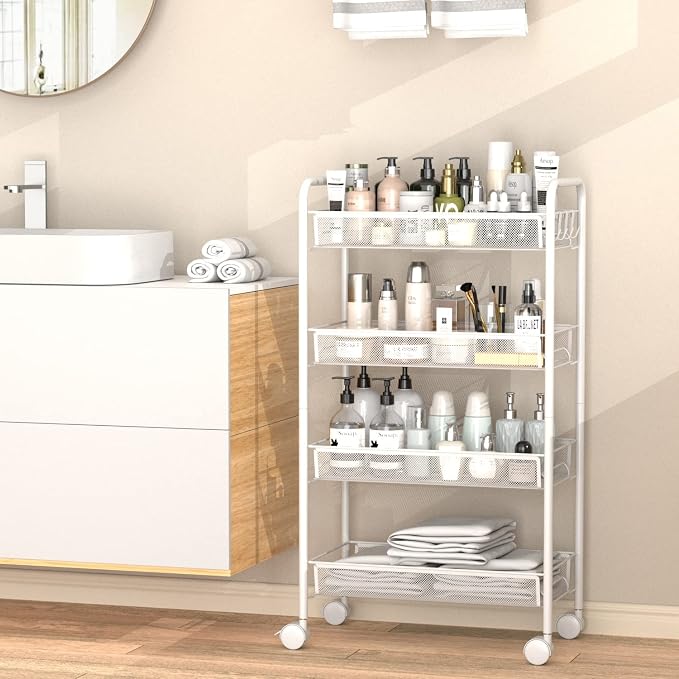 OVICAR 4 Tier Mesh Wire Rolling Cart, Kitchen Storage Organizer Utility Cart, Full Metal Basket Storage Art Trolley Carts with Wheels & 4 Side Hooks