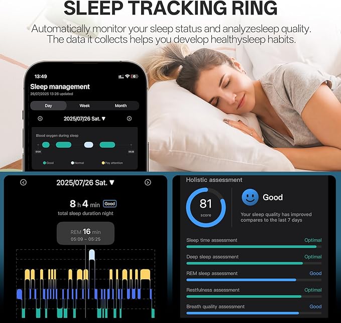 Smart Ring with Vibration Alerts, Health Tracker Ring with Body Temperature Monitor, Heart Rate, Sleep & Fitness Tracking, Waterproof Activity Ring for Men & Women, No App Fees(Gunmetal Gray,13#)