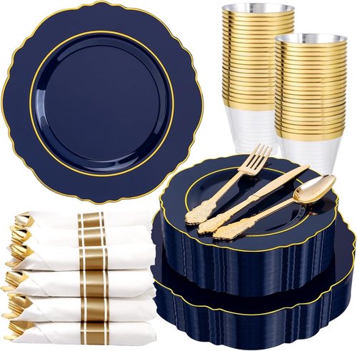 Liacere 350PCS Navy Blue Plastic Plates - Elegant Disposable Dinnerware Set for 50 Guests with Napkins & Silverware