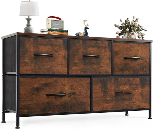 OLIXIS 5 Drawer Dresser for Bedroom, Wide Fabric Storage Tower with Wooden Top and Metal Frame, Closet Chest Organizer Furniture, TV Stand for Living Room Hallway, Brown