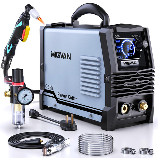 50Amps Plasma Cutter, Large LED Screen Display, MIGVAN Cutter Machine 110/220V Dual Voltage, 1/2" Cut DC IGBT Inverter, Post Flow 2T/4T Metal Cutting Machine with Torch & Tips for Beginners Home DIY